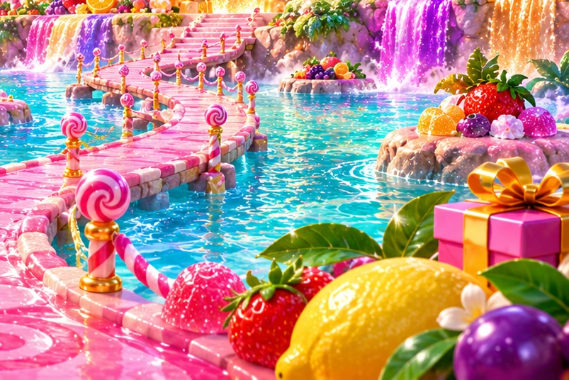 Juicy fruit and wrapped sweets beside the sparkling candy lagoon