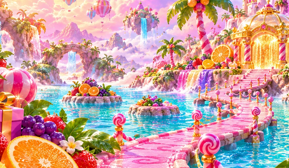 A closer look at the candy bridge and colourful fruit islands