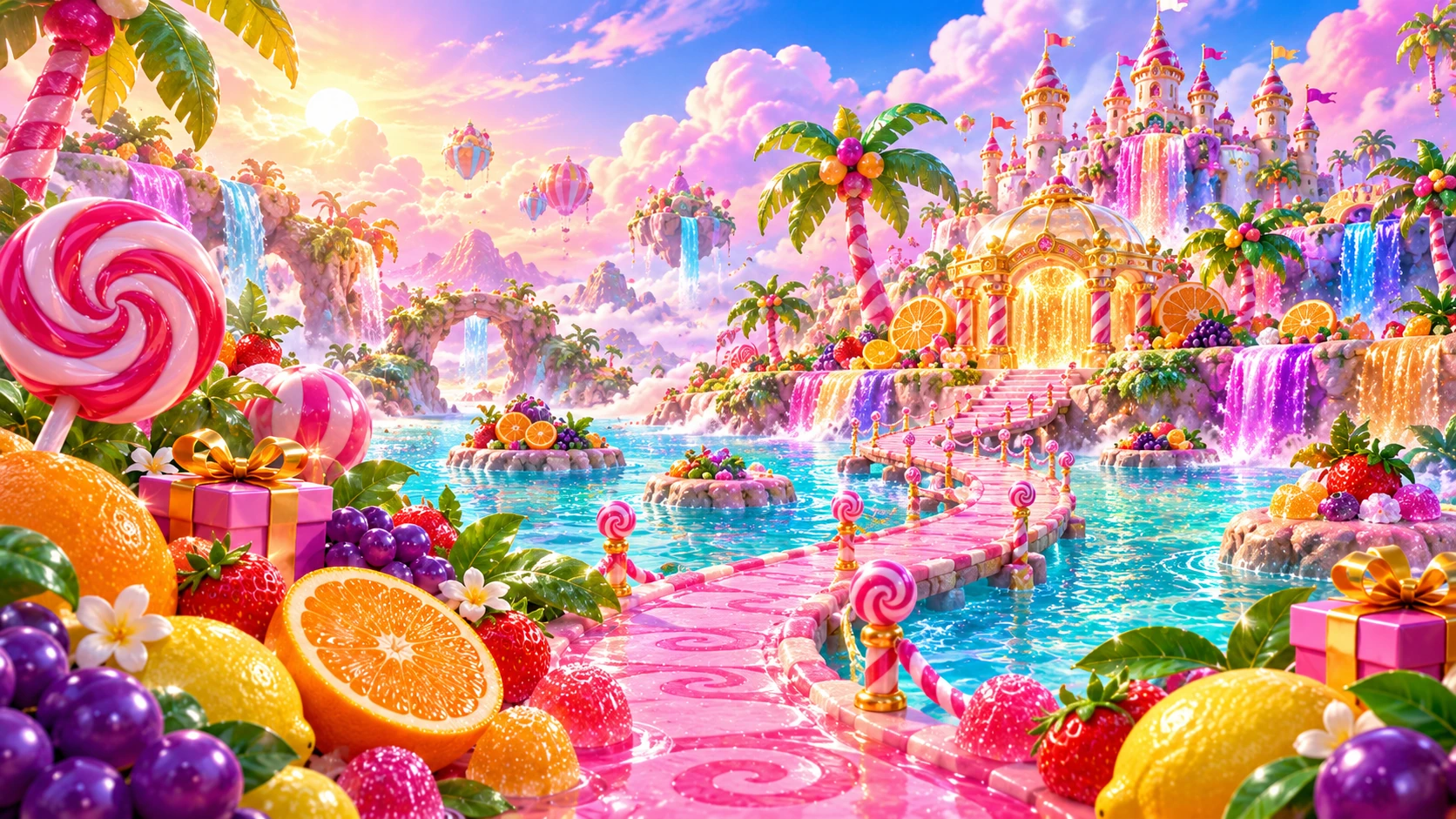 Bright tropical candy islands with a pink castle, glossy citrus and lollipops